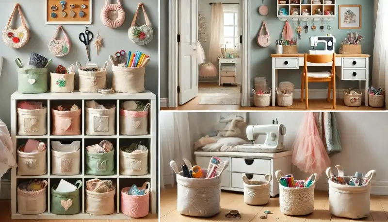 Handmade cotton baskets in different rooms