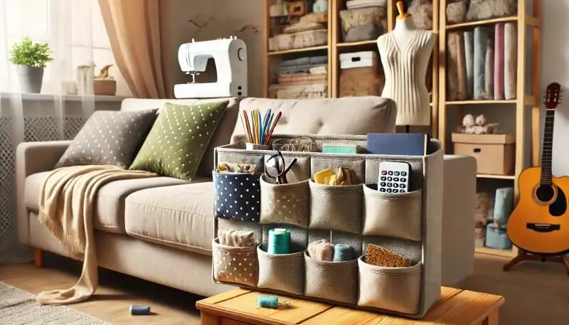 a handmade fabric organizer, neatly placed on the side of a sofa